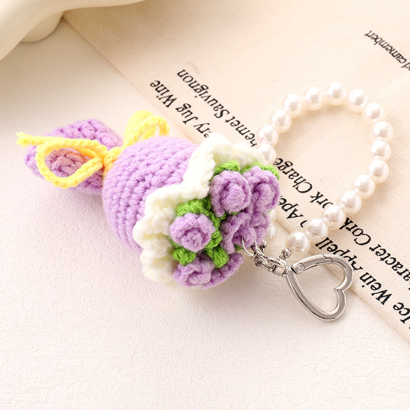 Pearl Chain Handwoven Floral Keychain - Bohemian Rose Wristlet, Elegant Purse Accessory for Women - 