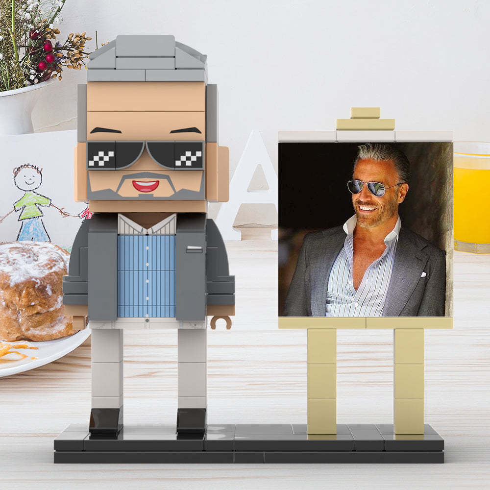 Full Body Customizable 1 Person Cool Daddy In Grey Suit With Sunglasses Custom Brick with Frame Figures Small Particle Block Toy Brick Me Figures For Father's Day - minebrickuk