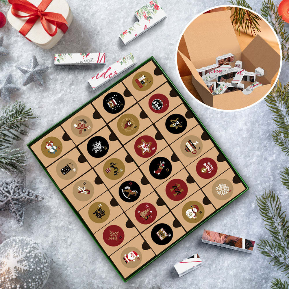Christmas Gifts Countdown Blind Box Custom Building Block Puzzle Christmas Advent Calendar Personalized Horizontal Trio Photo Brick Merry Christmas - minebrickuk