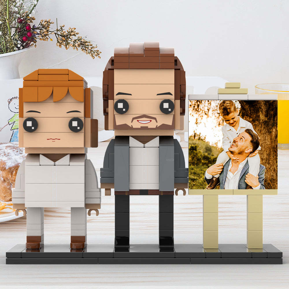 Full Body Customizable 2 People Little Son Sit On Daddy's Shoulder Photo Frame Personalized Custom Brick Figures Small Particle Block Toy Personalized For Father's Day - minebrickuk