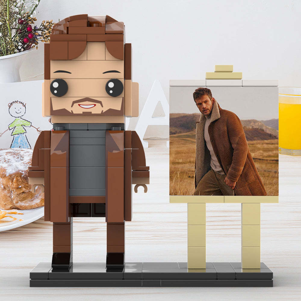Full Body Customizable 1 Person Cool Young Daddy In Long Brown Coat Custom Brick with Frame Figures Small Particle Block Toy Brick Me Figures For Father's Day - minebrickuk