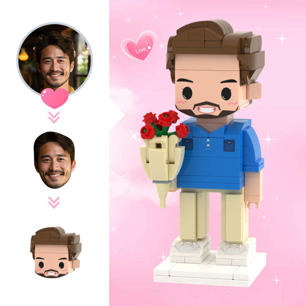 Custom Cute Head Brick Figures Personalized 1 People Brick Figures Man with Rose Brick Figures 