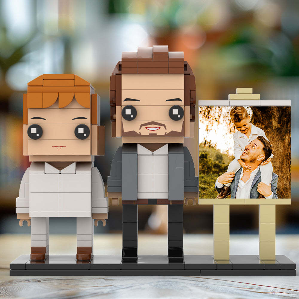 Full Body Customizable 2 People Little Son Sit On Daddy's Shoulder Photo Frame Personalized Custom Brick Figures Small Particle Block Toy Personalized For Father's Day - minebrickuk