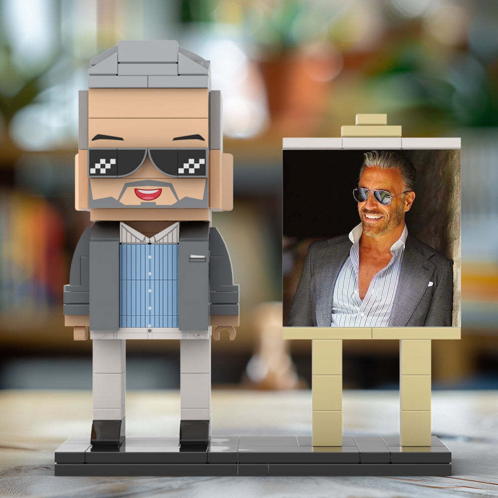 Full Body Customizable 1 Person Cool Daddy In Grey Suit With Sunglasses Custom Brick with Frame Figures Small Particle Block Toy Brick Me Figures For Father's Day - minebrickuk