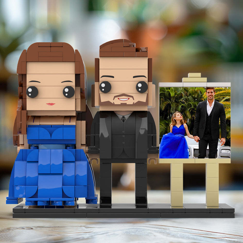 Full Body Customizable 2 People Dad And His Daughter In Perfect Blue Dress Photo Frame Personalized Custom Brick Figures Small Particle Block Toy Personalized For Father's Day - minebrickuk