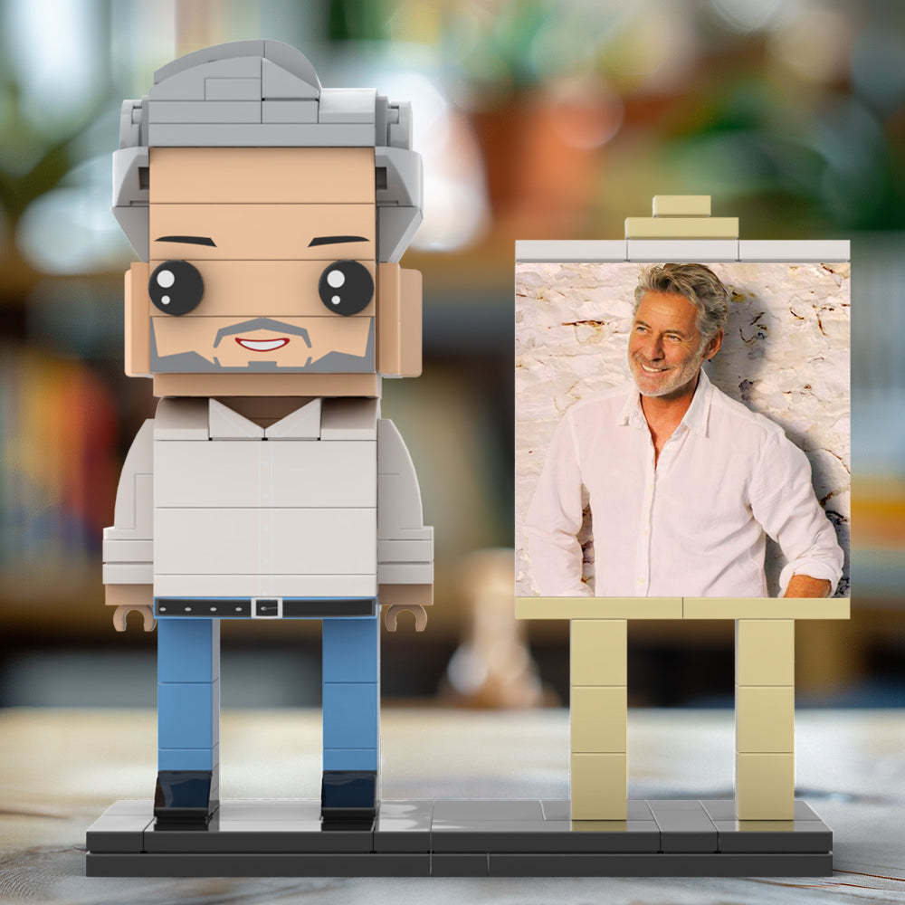Full Body Customizable 1 Person Daddy With Classic White Shirt And Jeans Custom Brick with Frame Figures Small Particle Block Toy Brick Me Figures For Father's Day - minebrickuk