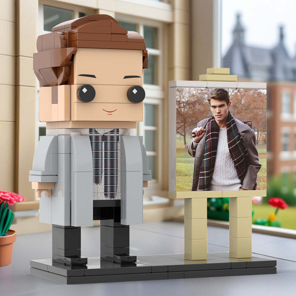 Full Body Customizable 1 Person Stylish Young Daddy With Scarf Custom Brick with Frame Figures Small Particle Block Toy Brick Me Figures For Father's Day - minebrickuk