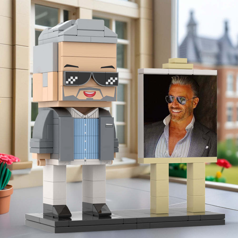 Full Body Customizable 1 Person Cool Daddy In Grey Suit With Sunglasses Custom Brick with Frame Figures Small Particle Block Toy Brick Me Figures For Father's Day - minebrickuk