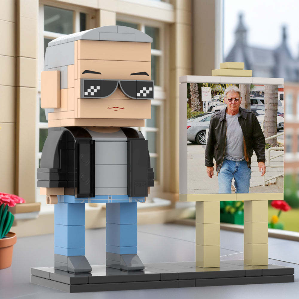 Full Body Customizable 1 Person Cool Grey Hair Daddy Street Photo With Classic Outfit Custom Brick with Frame Figures Small Particle Block Toy Brick Me Figures For Father's Day - minebrickuk