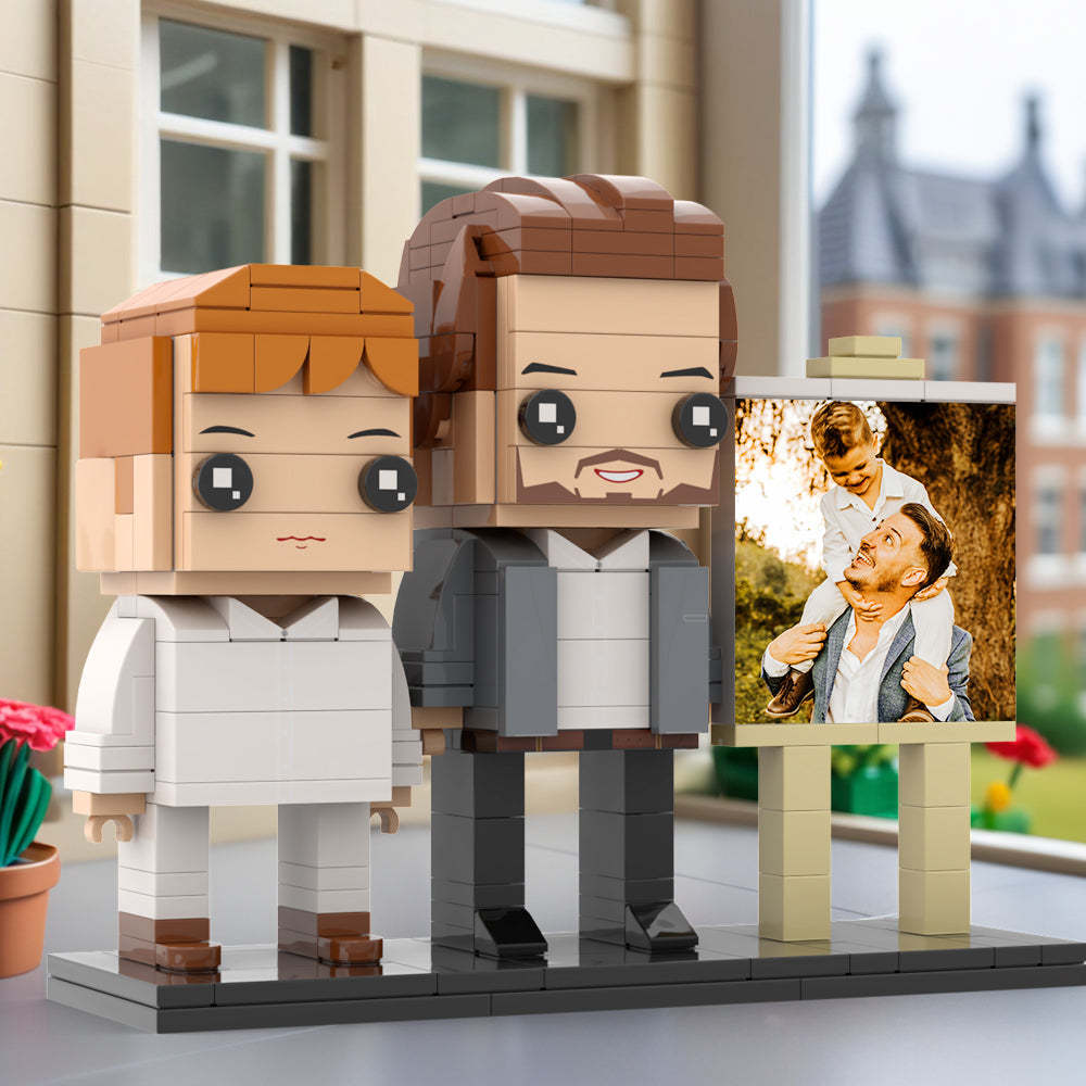 Full Body Customizable 2 People Little Son Sit On Daddy's Shoulder Photo Frame Personalized Custom Brick Figures Small Particle Block Toy Personalized For Father's Day - minebrickuk