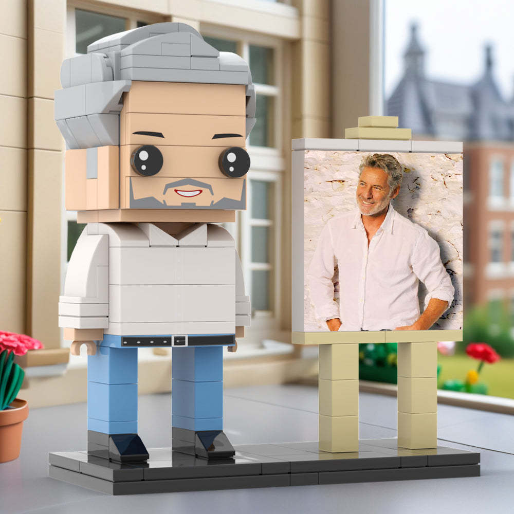 Full Body Customizable 1 Person Daddy With Classic White Shirt And Jeans Custom Brick with Frame Figures Small Particle Block Toy Brick Me Figures For Father's Day - minebrickuk