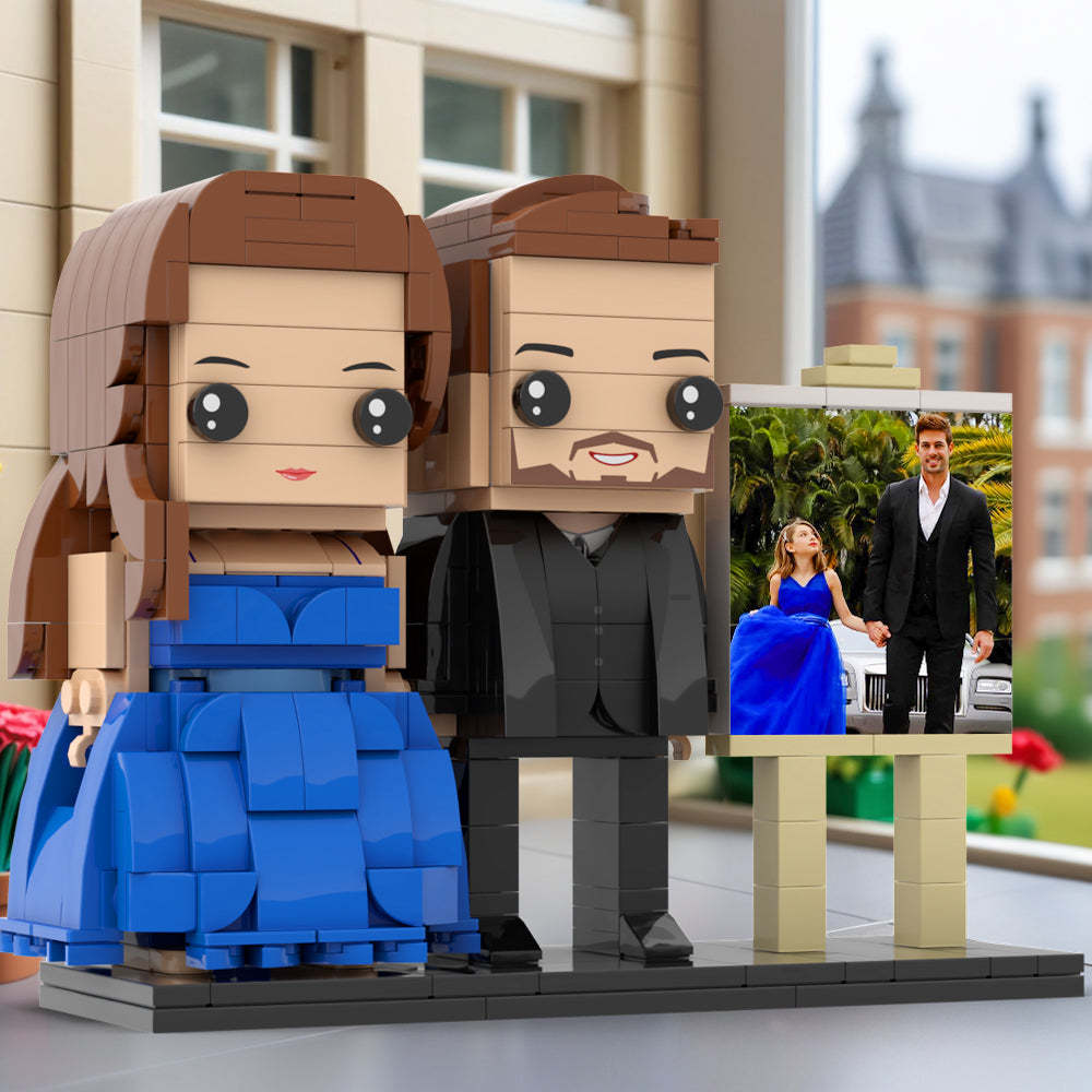 Full Body Customizable 2 People Dad And His Daughter In Perfect Blue Dress Photo Frame Personalized Custom Brick Figures Small Particle Block Toy Personalized For Father's Day - minebrickuk