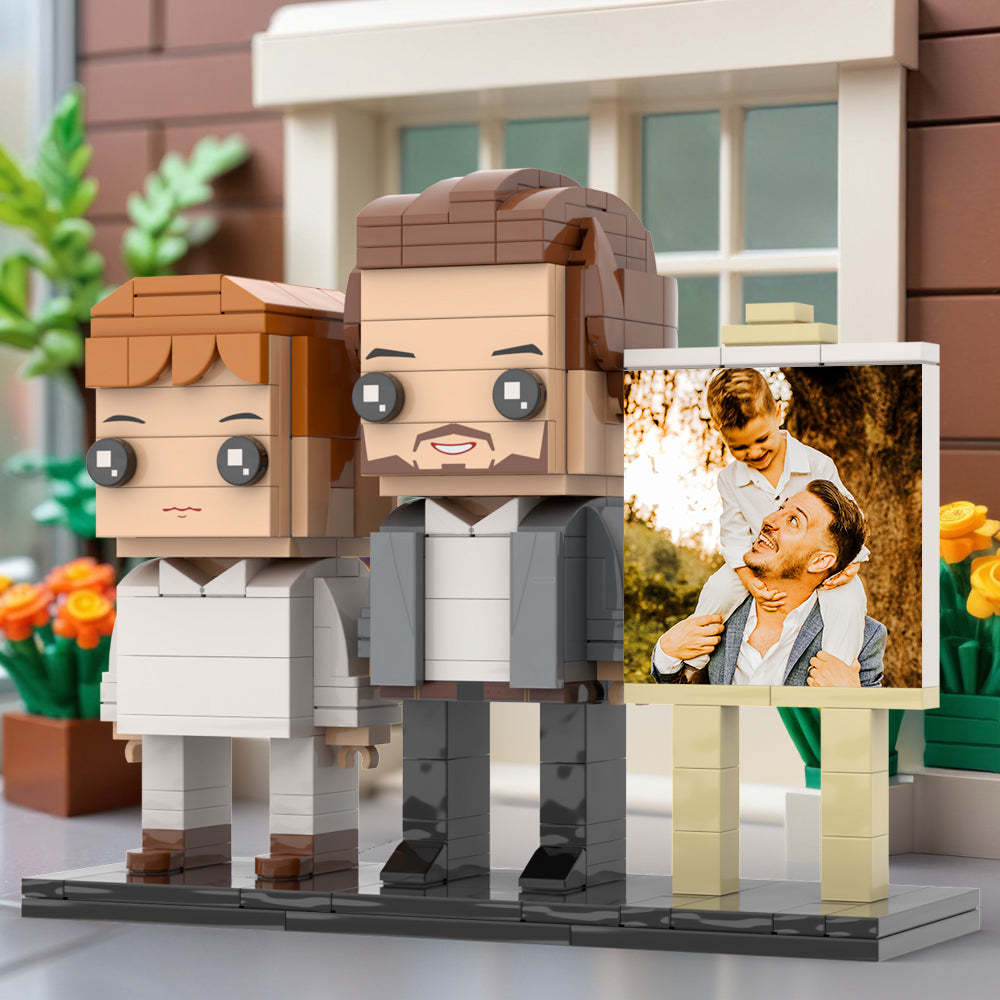 Full Body Customizable 2 People Little Son Sit On Daddy's Shoulder Photo Frame Personalized Custom Brick Figures Small Particle Block Toy Personalized For Father's Day - minebrickuk