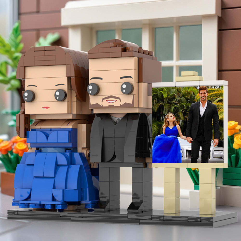 Full Body Customizable 2 People Dad And His Daughter In Perfect Blue Dress Photo Frame Personalized Custom Brick Figures Small Particle Block Toy Personalized For Father's Day - minebrickuk