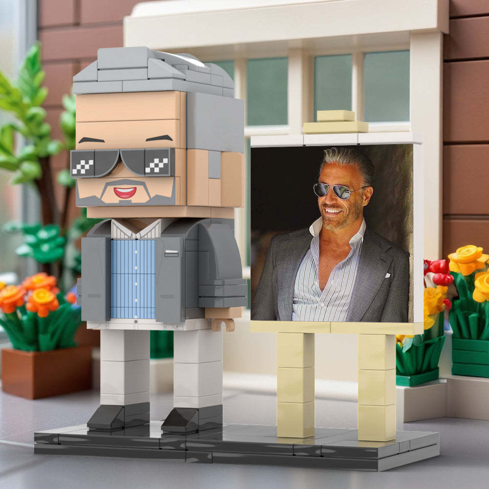 Full Body Customizable 1 Person Cool Daddy In Grey Suit With Sunglasses Custom Brick with Frame Figures Small Particle Block Toy Brick Me Figures For Father's Day - minebrickuk
