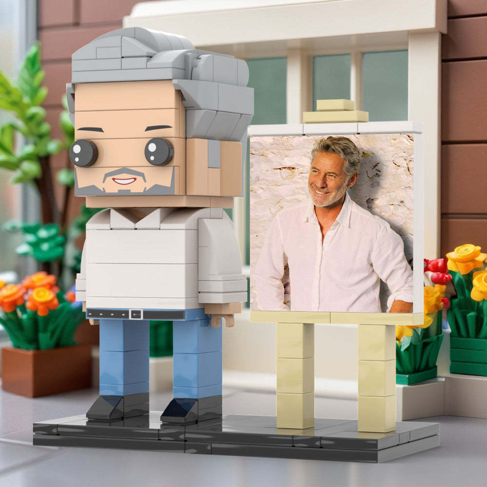 Full Body Customizable 1 Person Daddy With Classic White Shirt And Jeans Custom Brick with Frame Figures Small Particle Block Toy Brick Me Figures For Father's Day - minebrickuk