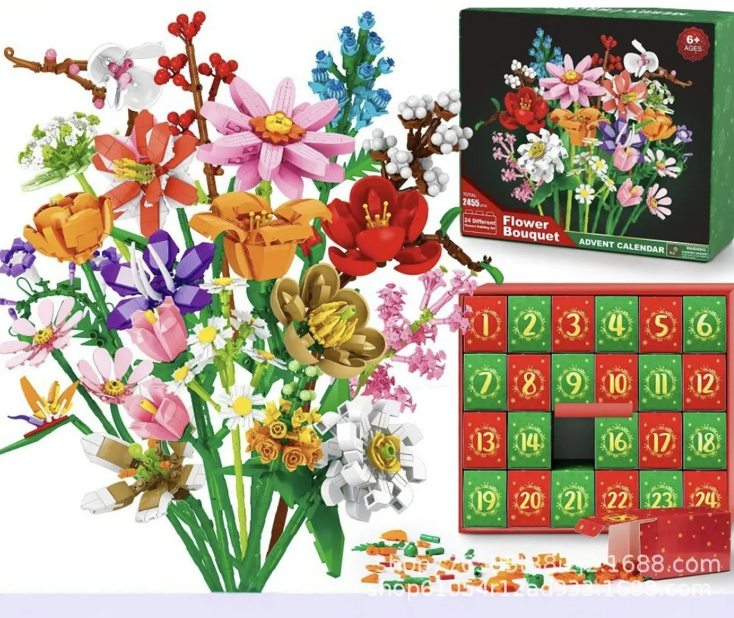 Flower Bouquet Advent Calendar Building Blocks – Christmas Countdown Blind Box - 