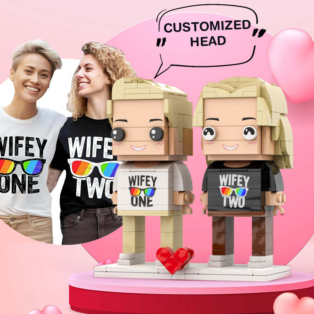 Valentine's Day 2 Girls Wifey1 Wifey 2 Couple Matching Shirt Brick Figures Personalized Couples Brick Figures Small Particle Block - minebrickuk