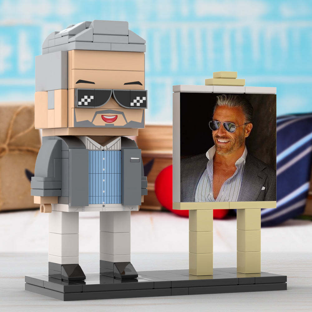 Full Body Customizable 1 Person Cool Daddy In Grey Suit With Sunglasses Custom Brick with Frame Figures Small Particle Block Toy Brick Me Figures For Father's Day - minebrickuk