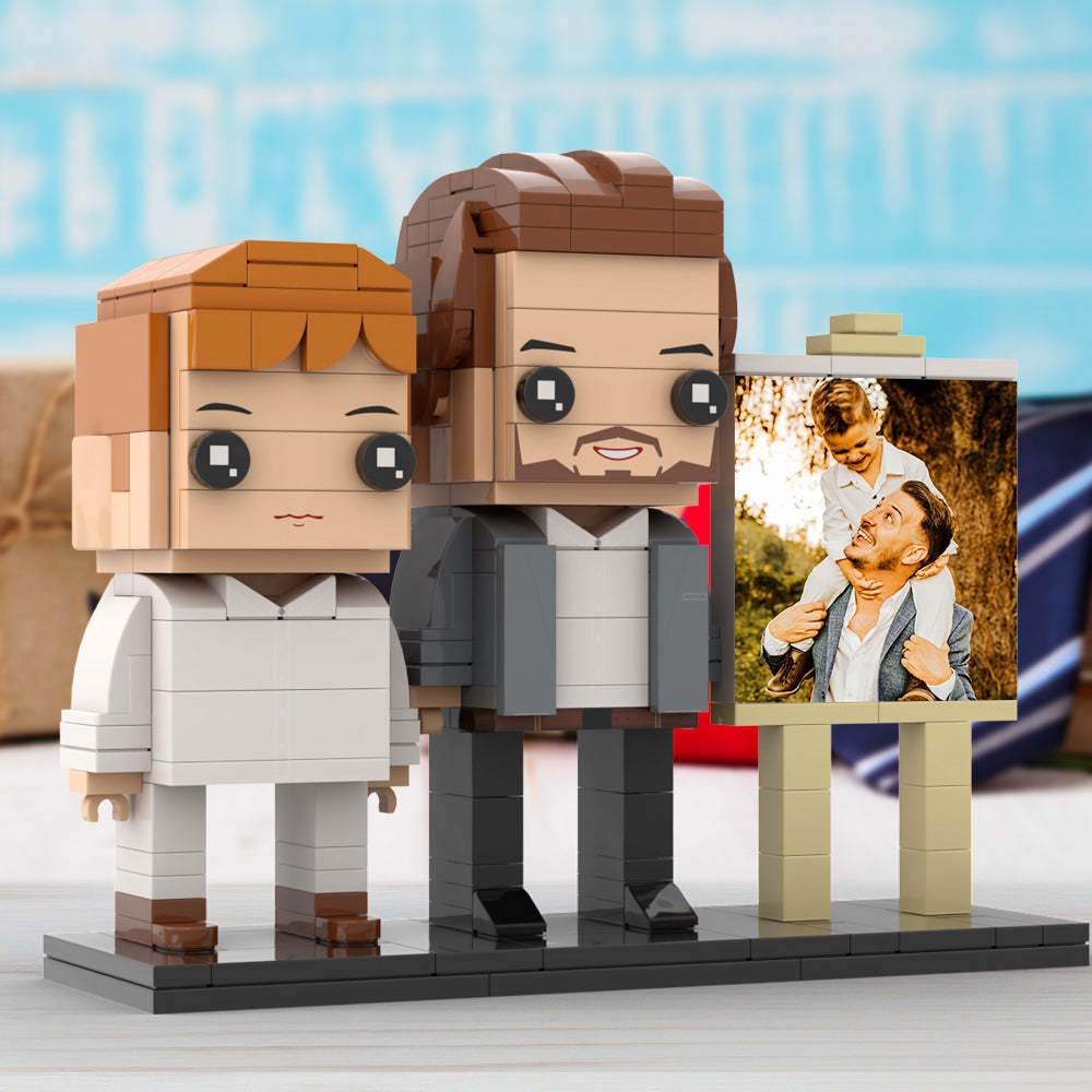 Full Body Customizable 2 People Little Son Sit On Daddy's Shoulder Photo Frame Personalized Custom Brick Figures Small Particle Block Toy Personalized For Father's Day - minebrickuk