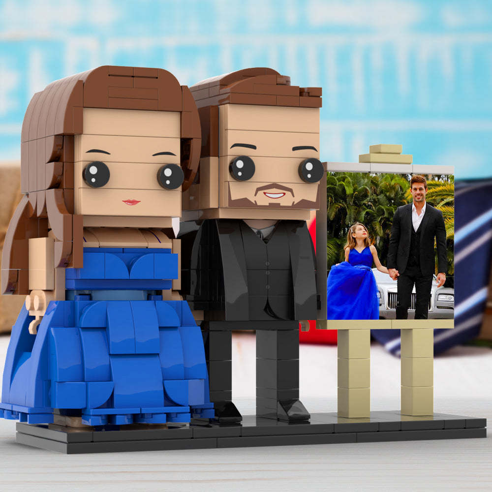 Full Body Customizable 2 People Dad And His Daughter In Perfect Blue Dress Photo Frame Personalized Custom Brick Figures Small Particle Block Toy Personalized For Father's Day - minebrickuk