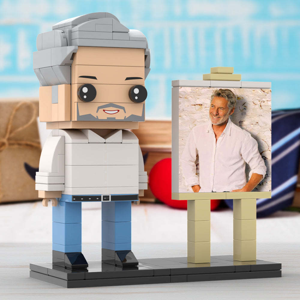 Full Body Customizable 1 Person Daddy With Classic White Shirt And Jeans Custom Brick with Frame Figures Small Particle Block Toy Brick Me Figures For Father's Day - minebrickuk