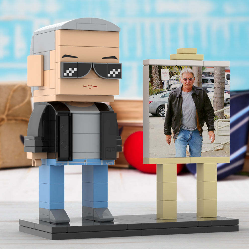 Full Body Customizable 1 Person Cool Grey Hair Daddy Street Photo With Classic Outfit Custom Brick with Frame Figures Small Particle Block Toy Brick Me Figures For Father's Day - minebrickuk