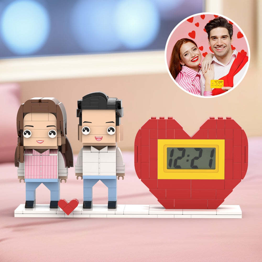 Practical Couple Full Body Custom Gift Personalized Waking Up Alarm Brick Figure Gift For Couples On Valentine's Day Square Face White Couple Style Small Particle Block Gift For Lovers - minebrickuk