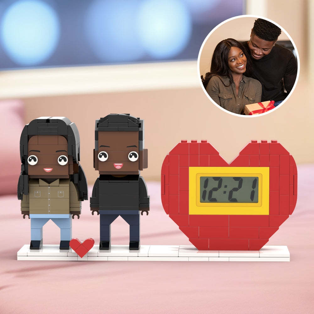 Practical Couple Gift Personalized Waking Up Alarm Brick Figure Gift For Couples On Valentine's Day Square Face Black Couple Style Small Particle Block Gift For Lovers - minebrickuk