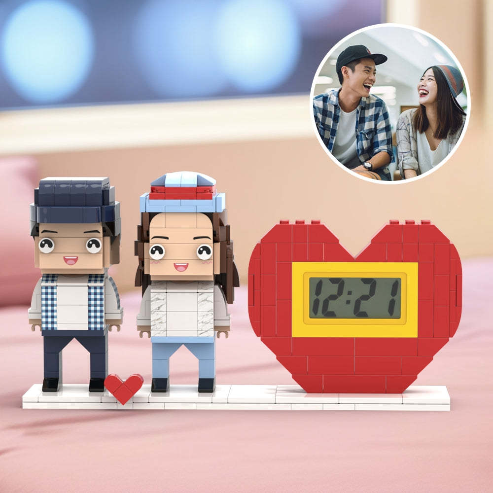 Practical Couple Gift Personalized Waking Up Alarm Brick Figure Gift For Couples On Valentine's Day Square Face Asian Couple Style Small Particle Block Gift For Lovers - minebrickuk