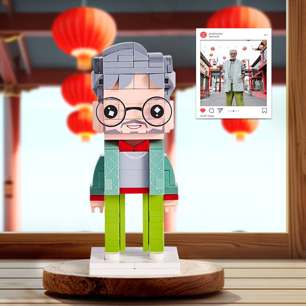 Stylish Green Jacket Old Man Classic Full Body Customizable 1 Person Custom BrickHeads Upgraded Version Small Particle Block Toy - minebrickuk