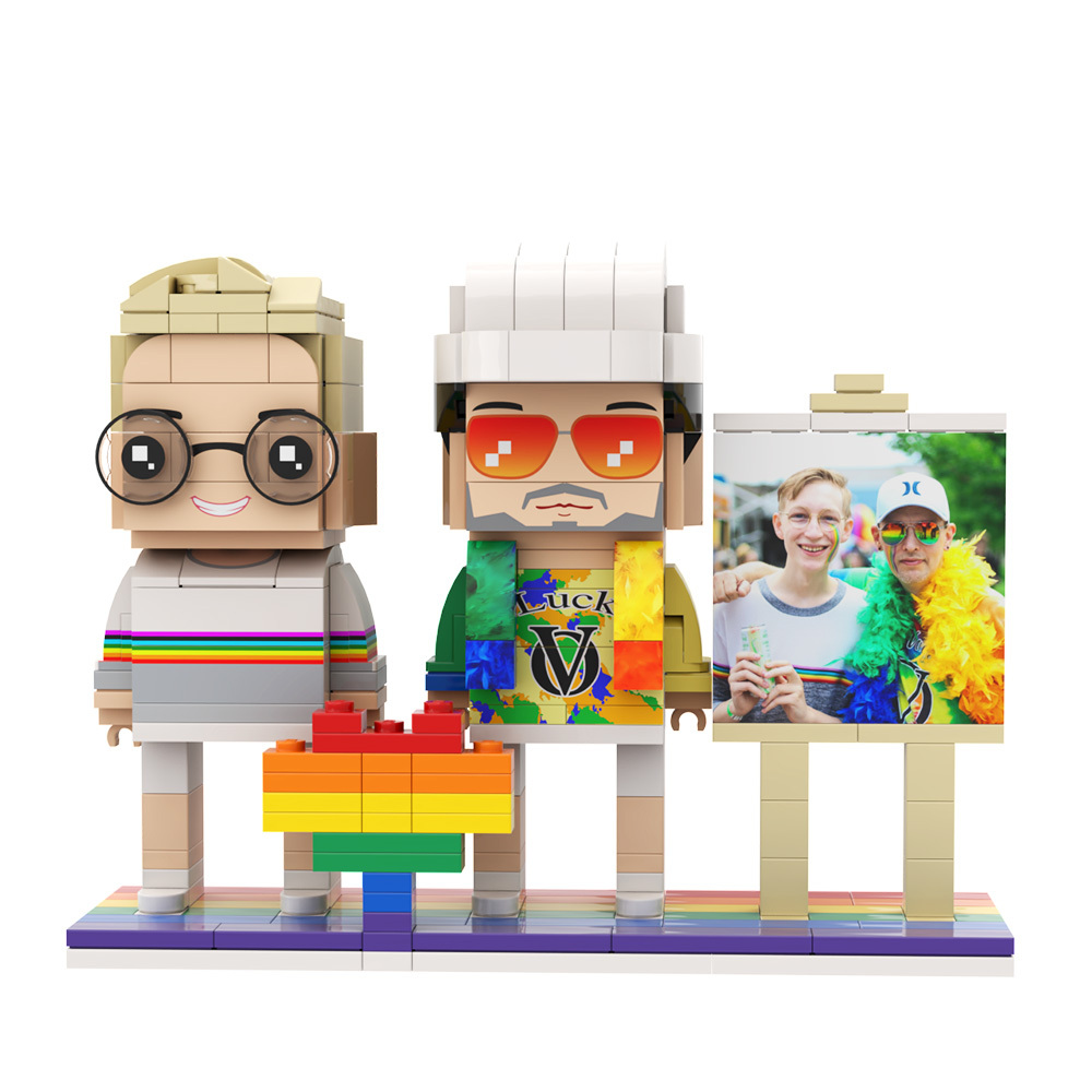 Gay Couple Rainbow Heart Style Gift Brick Figures Personalized Couples Brick Figures with Pride Flag - 