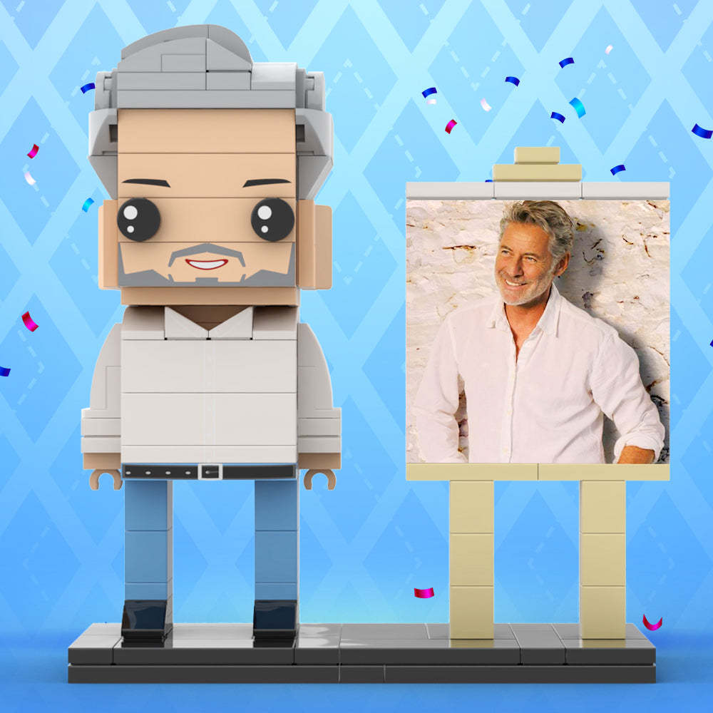 Full Body Customizable 1 Person Daddy With Classic White Shirt And Jeans Custom Brick with Frame Figures Small Particle Block Toy Brick Me Figures For Father's Day - minebrickuk