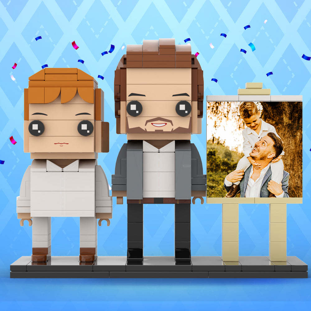 Full Body Customizable 2 People Little Son Sit On Daddy's Shoulder Photo Frame Personalized Custom Brick Figures Small Particle Block Toy Personalized For Father's Day - minebrickuk