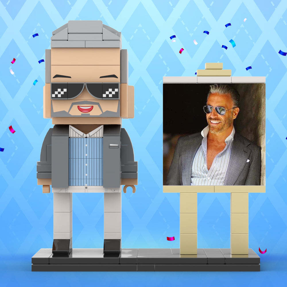 Full Body Customizable 1 Person Cool Daddy In Grey Suit With Sunglasses Custom Brick with Frame Figures Small Particle Block Toy Brick Me Figures For Father's Day - minebrickuk