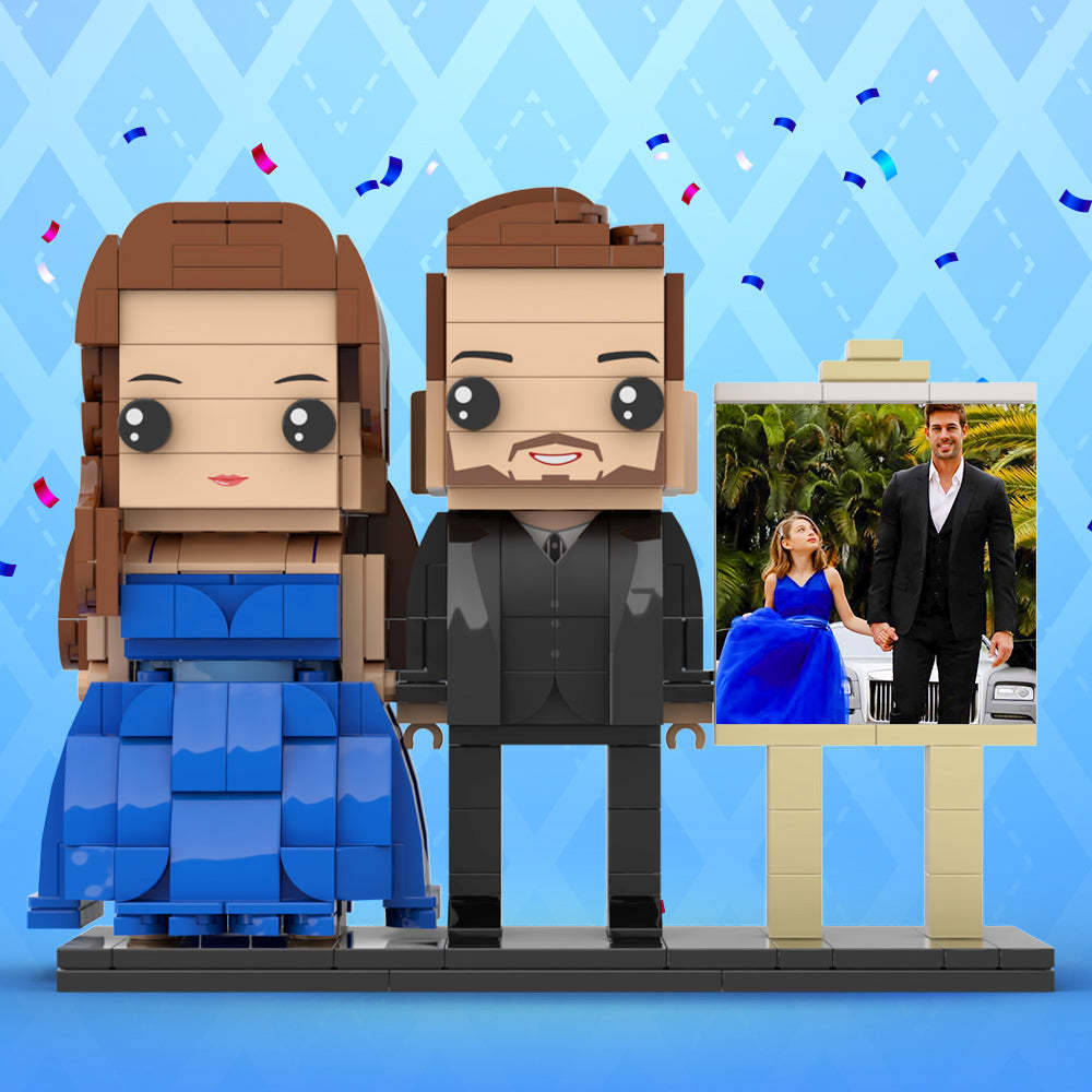 Full Body Customizable 2 People Dad And His Daughter In Perfect Blue Dress Photo Frame Personalized Custom Brick Figures Small Particle Block Toy Personalized For Father's Day - minebrickuk
