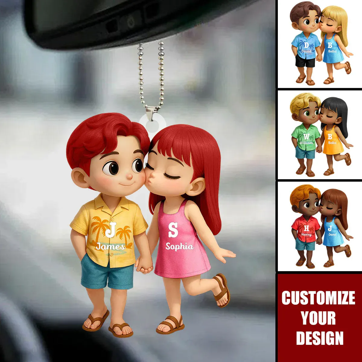 Personalized Acrylic Car Hanger - Cute Couple Kissing Moment - Custom Name Gift for Boyfriend & Girlfriend - 