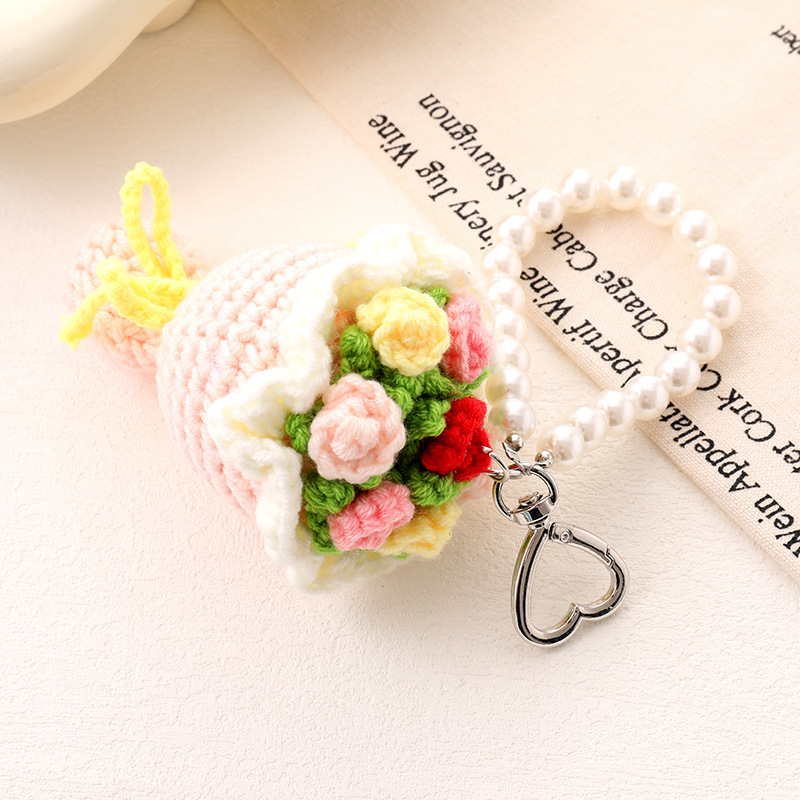 Pearl Chain Handwoven Floral Keychain - Bohemian Rose Wristlet, Elegant Purse Accessory for Women - 