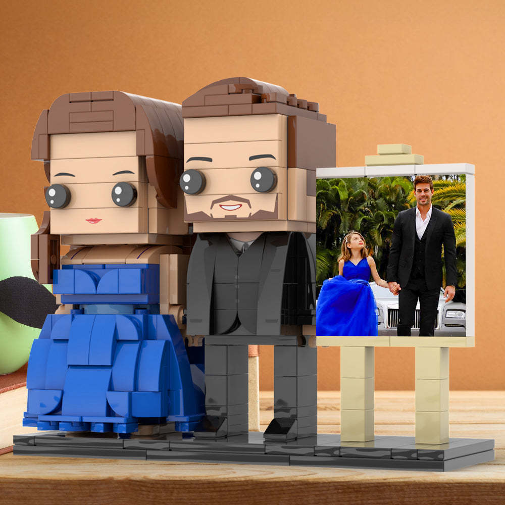 Full Body Customizable 2 People Dad And His Daughter In Perfect Blue Dress Photo Frame Personalized Custom Brick Figures Small Particle Block Toy Personalized For Father's Day - minebrickuk