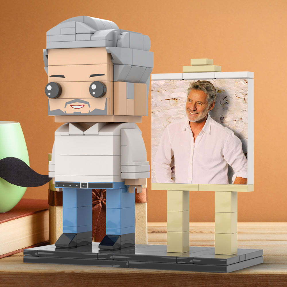 Full Body Customizable 1 Person Daddy With Classic White Shirt And Jeans Custom Brick with Frame Figures Small Particle Block Toy Brick Me Figures For Father's Day - minebrickuk