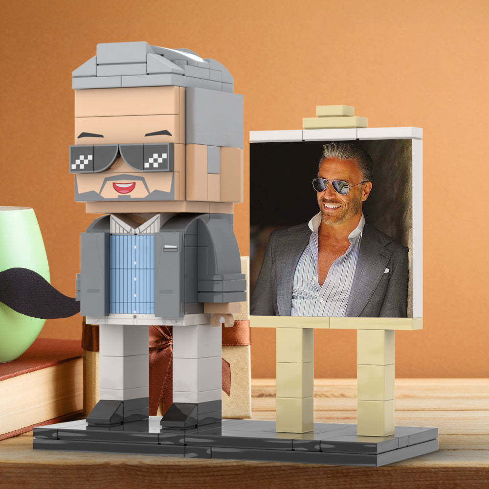 Full Body Customizable 1 Person Cool Daddy In Grey Suit With Sunglasses Custom Brick with Frame Figures Small Particle Block Toy Brick Me Figures For Father's Day - minebrickuk