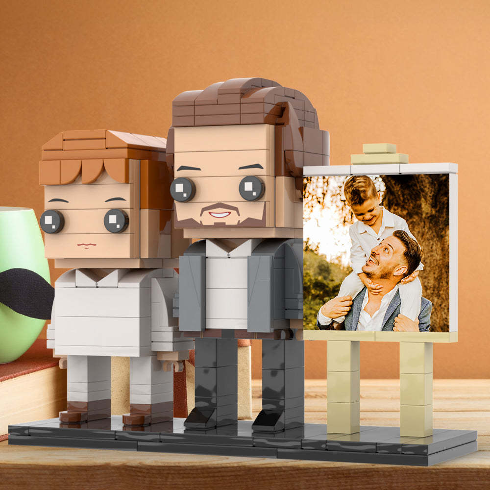 Full Body Customizable 2 People Little Son Sit On Daddy's Shoulder Photo Frame Personalized Custom Brick Figures Small Particle Block Toy Personalized For Father's Day - minebrickuk