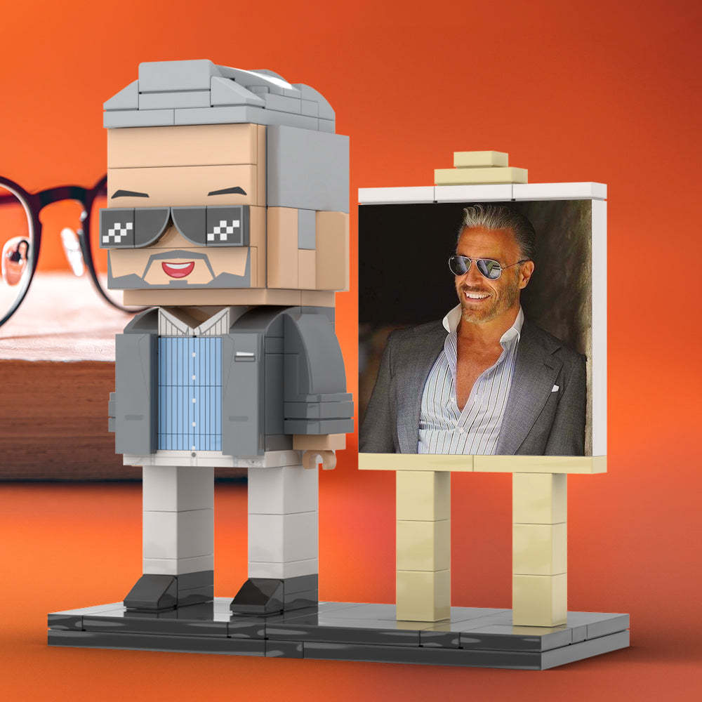 Full Body Customizable 1 Person Cool Daddy In Grey Suit With Sunglasses Custom Brick with Frame Figures Small Particle Block Toy Brick Me Figures For Father's Day - minebrickuk