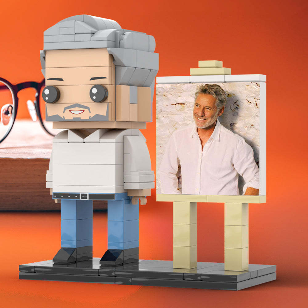 Full Body Customizable 1 Person Daddy With Classic White Shirt And Jeans Custom Brick with Frame Figures Small Particle Block Toy Brick Me Figures For Father's Day - minebrickuk