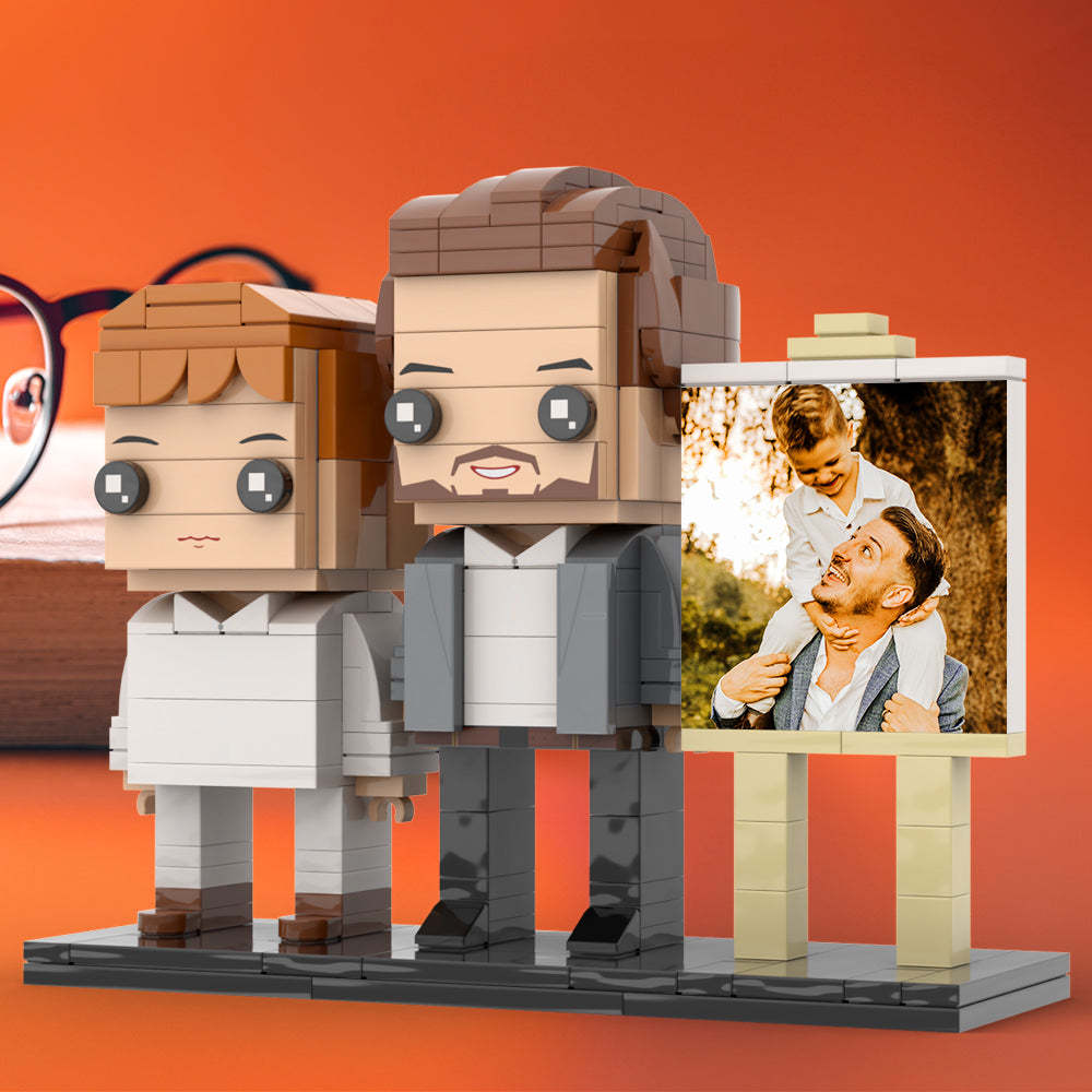 Full Body Customizable 2 People Little Son Sit On Daddy's Shoulder Photo Frame Personalized Custom Brick Figures Small Particle Block Toy Personalized For Father's Day - minebrickuk