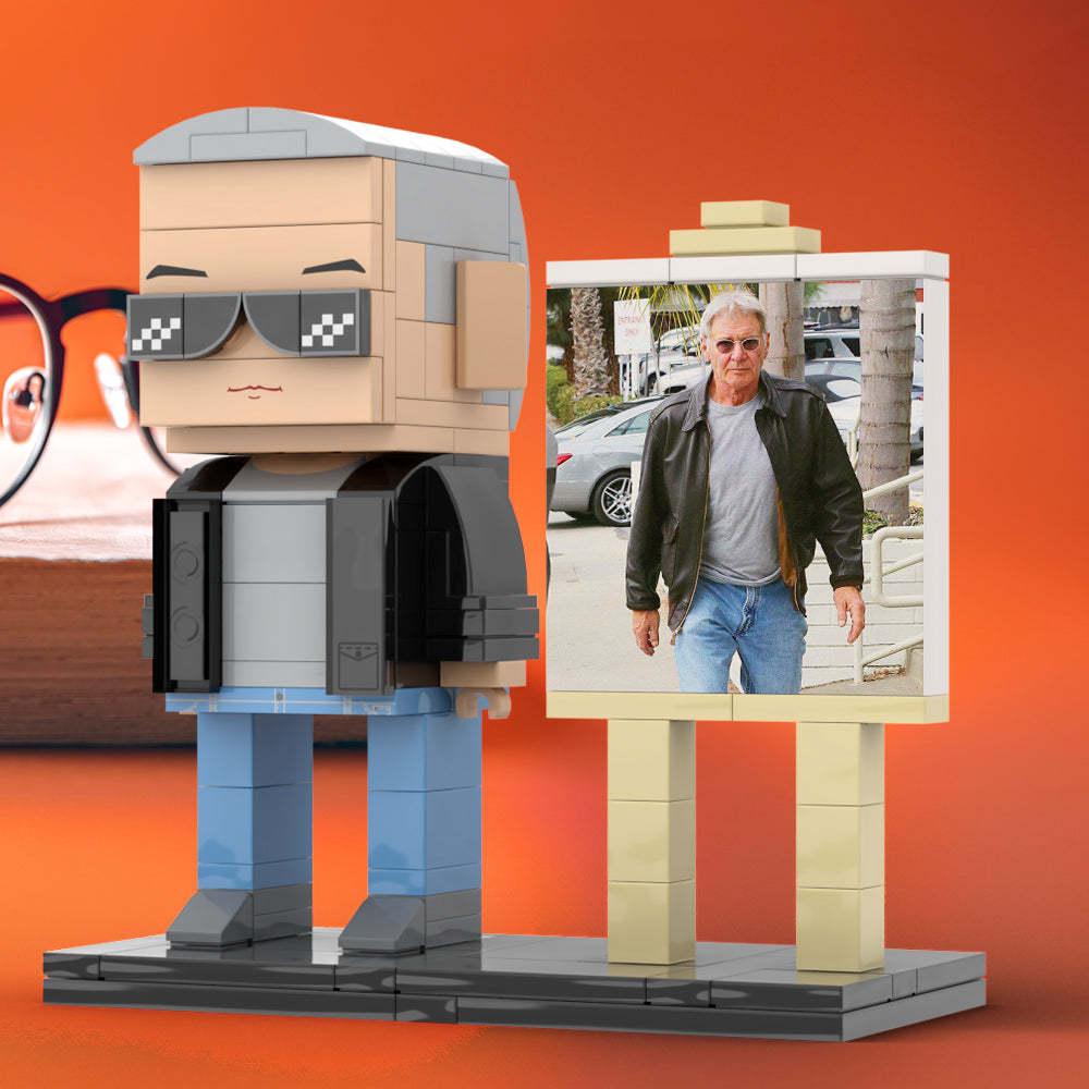 Full Body Customizable 1 Person Cool Grey Hair Daddy Street Photo With Classic Outfit Custom Brick with Frame Figures Small Particle Block Toy Brick Me Figures For Father's Day - minebrickuk