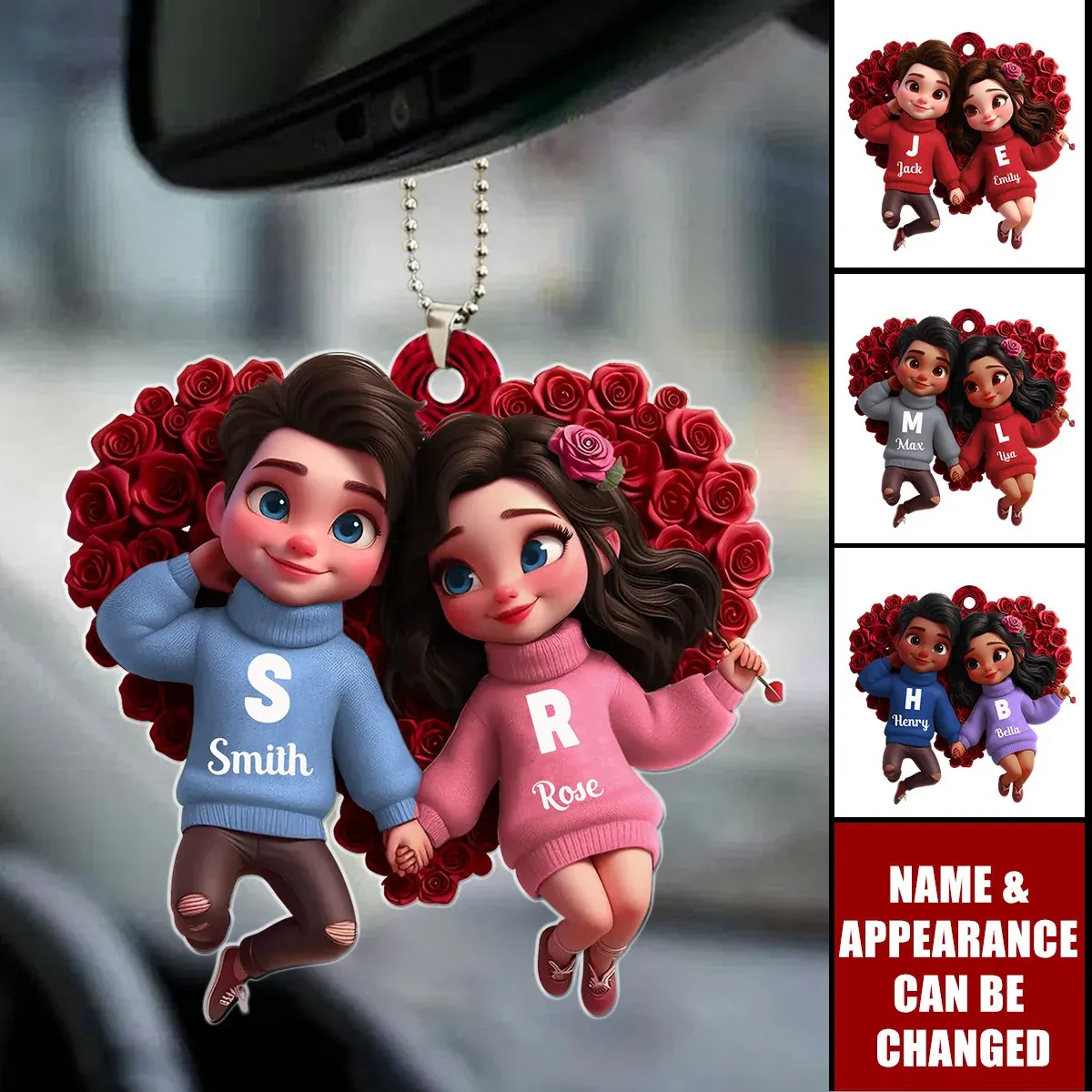 Personalized Acrylic Car Hanger - Cute Couple Kissing Moment - Custom Name Gift for Boyfriend & Girlfriend - 