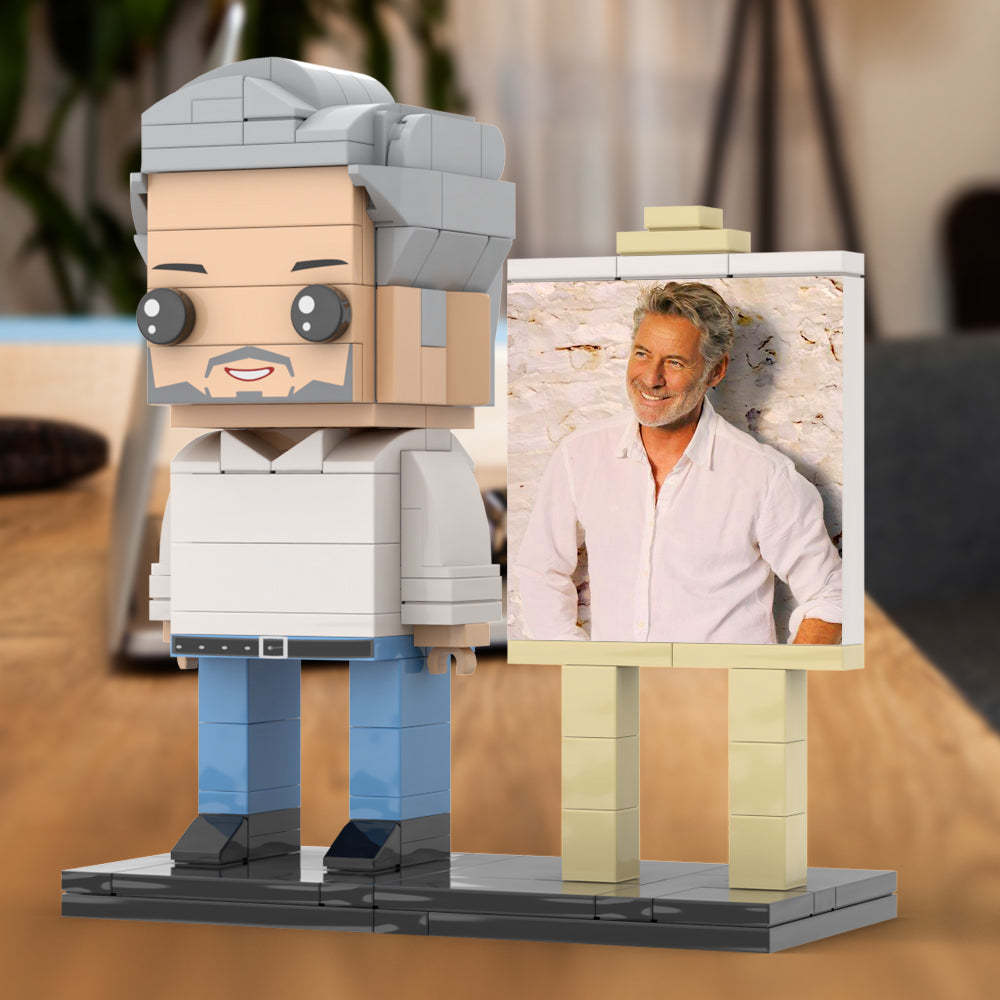 Full Body Customizable 1 Person Daddy With Classic White Shirt And Jeans Custom Brick with Frame Figures Small Particle Block Toy Brick Me Figures For Father's Day - minebrickuk