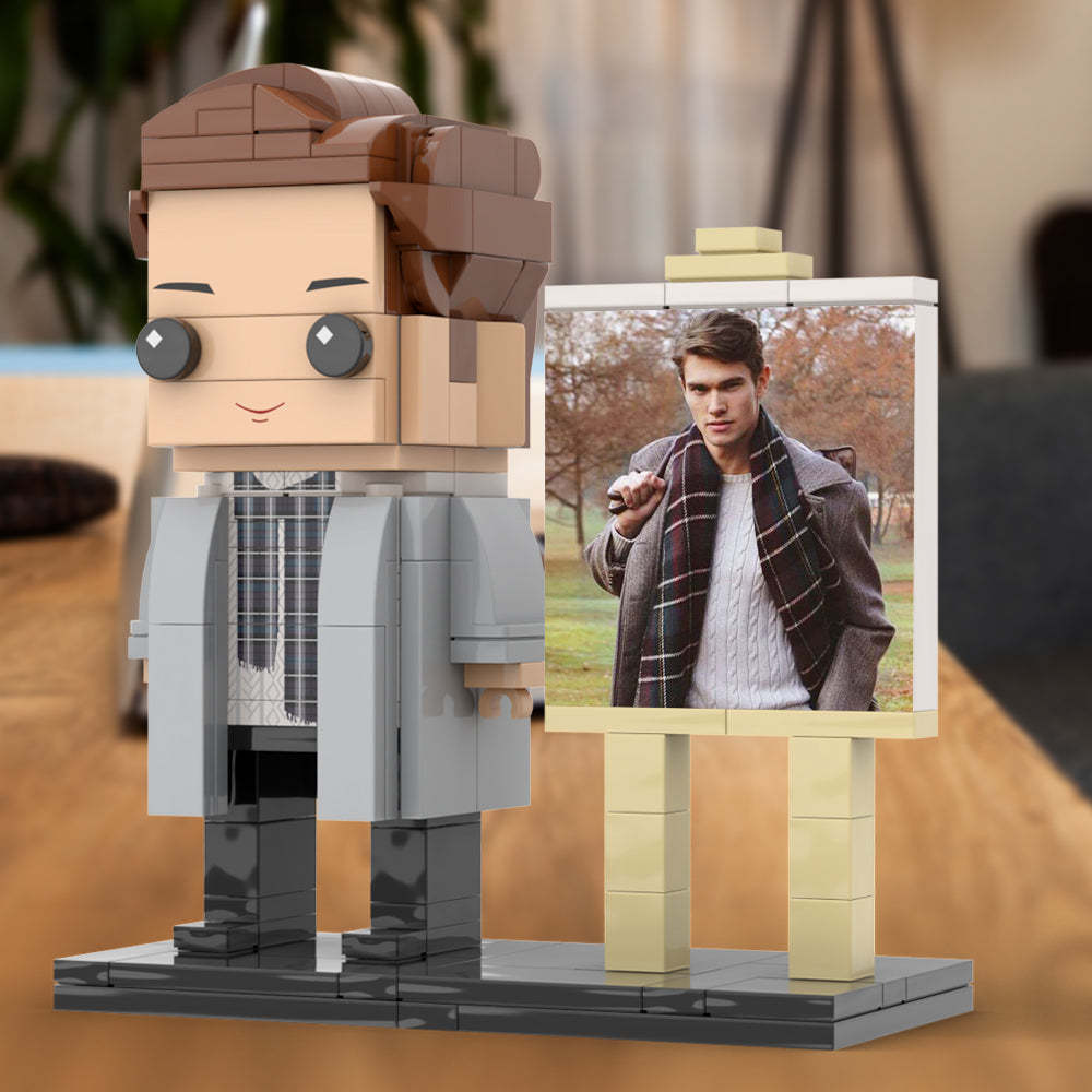 Full Body Customizable 1 Person Stylish Young Daddy With Scarf Custom Brick with Frame Figures Small Particle Block Toy Brick Me Figures For Father's Day - minebrickuk