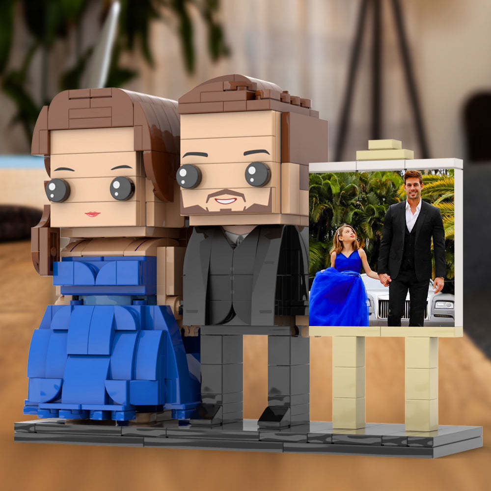 Full Body Customizable 2 People Dad And His Daughter In Perfect Blue Dress Photo Frame Personalized Custom Brick Figures Small Particle Block Toy Personalized For Father's Day - minebrickuk
